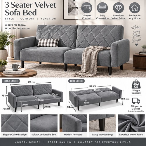 Grey velvet sofa bed - sofa,