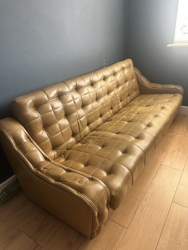 Vintage tan leather seater - leather, 3